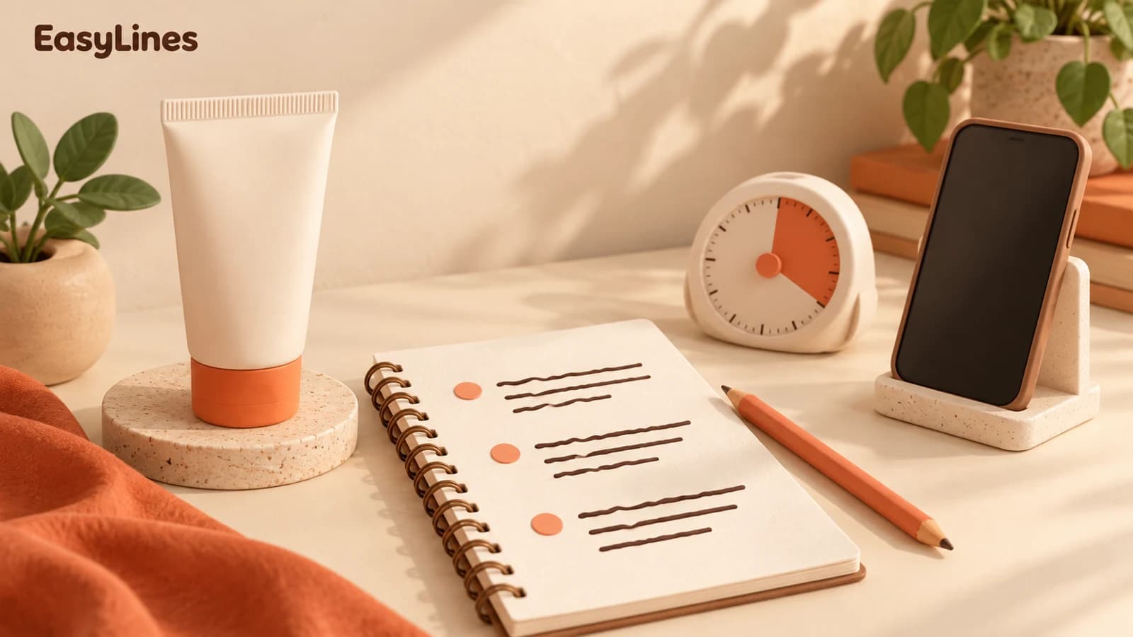 A product tube, three-beat script notebook, coral pencil, timer, and phone stand