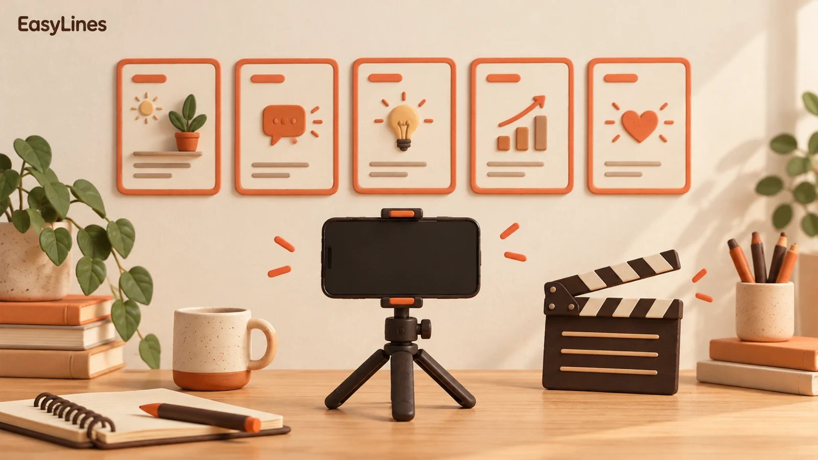 Five storyboard cards above a phone tripod, with a clapperboard and recording notes