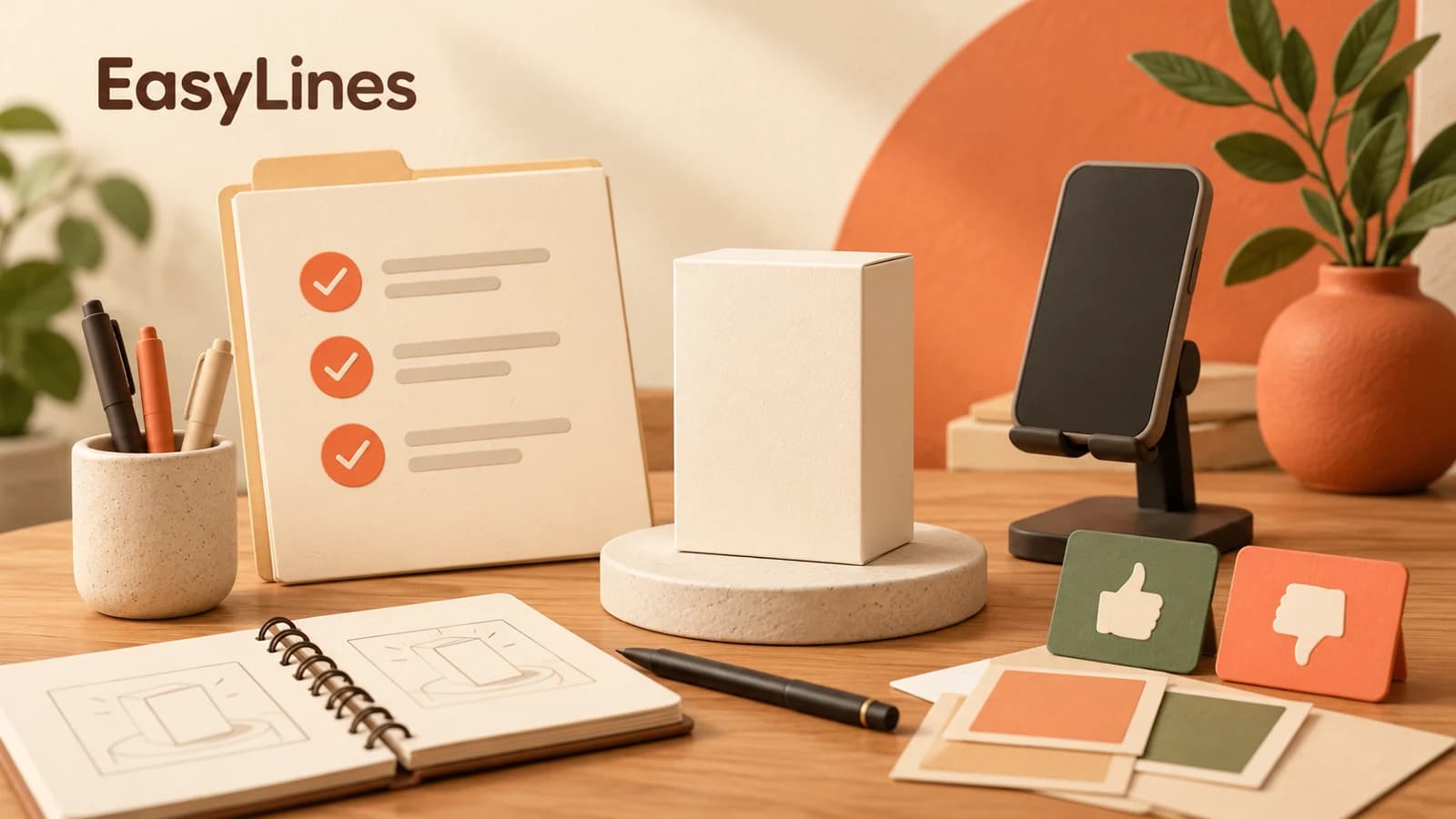 A brief with coral checkmarks beside an unbranded product box and approval cards