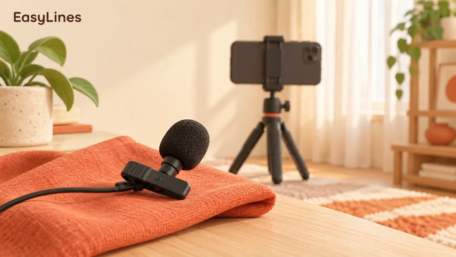 A clip-on microphone on coral fabric with a phone tripod and soft curtains behind it