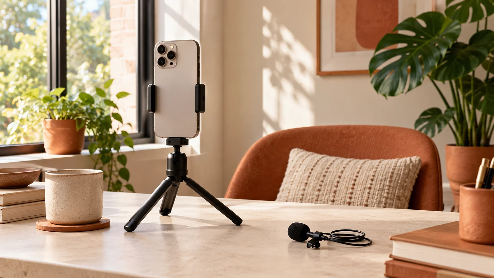 A phone on a tabletop tripod beside a window, chair, and small clip-on microphone