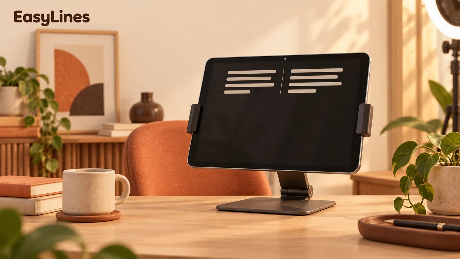 A landscape tablet on a desk stand with narrow script lines, beside a coral chair and plant