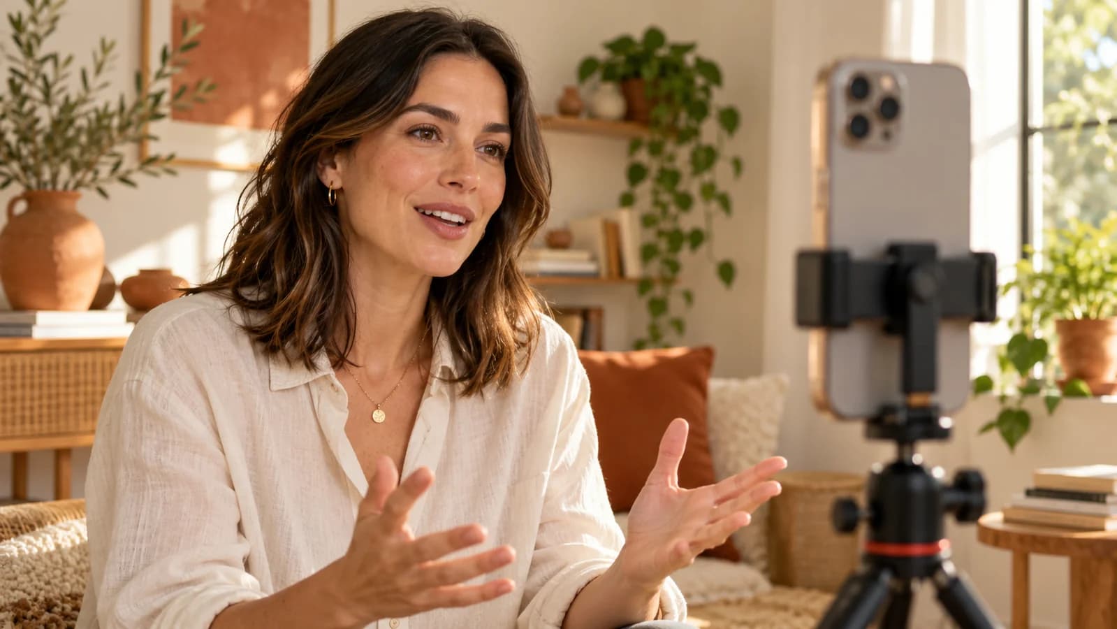 A creator speaking to a phone on a tripod in a sunlit home studio