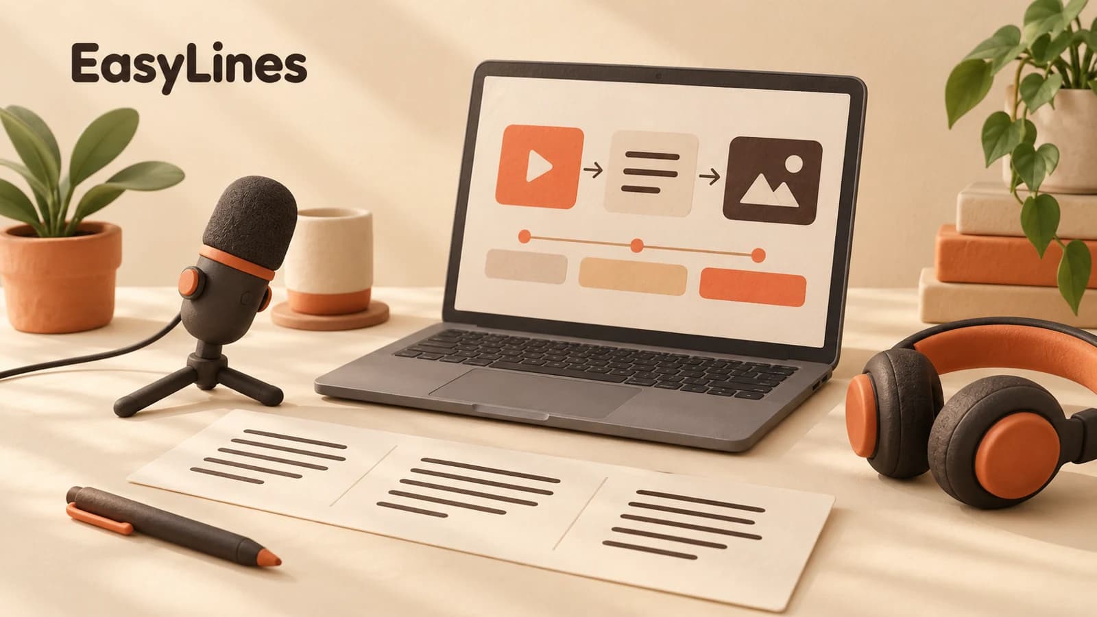 A laptop with abstract workflow frames beside narration notes, a microphone, and headphones