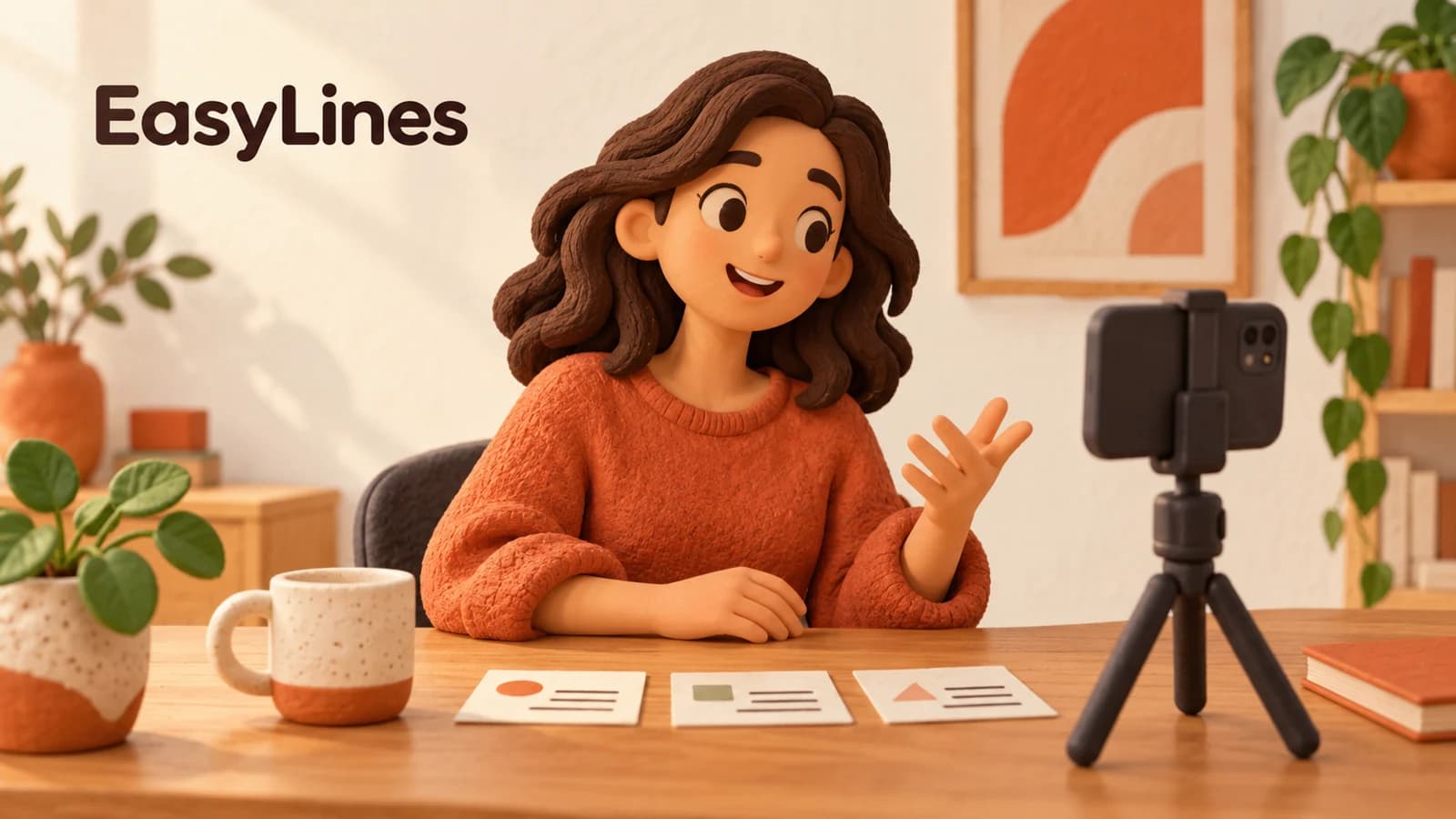 An illustrated creator rehearsing beside a phone tripod and three practice cards