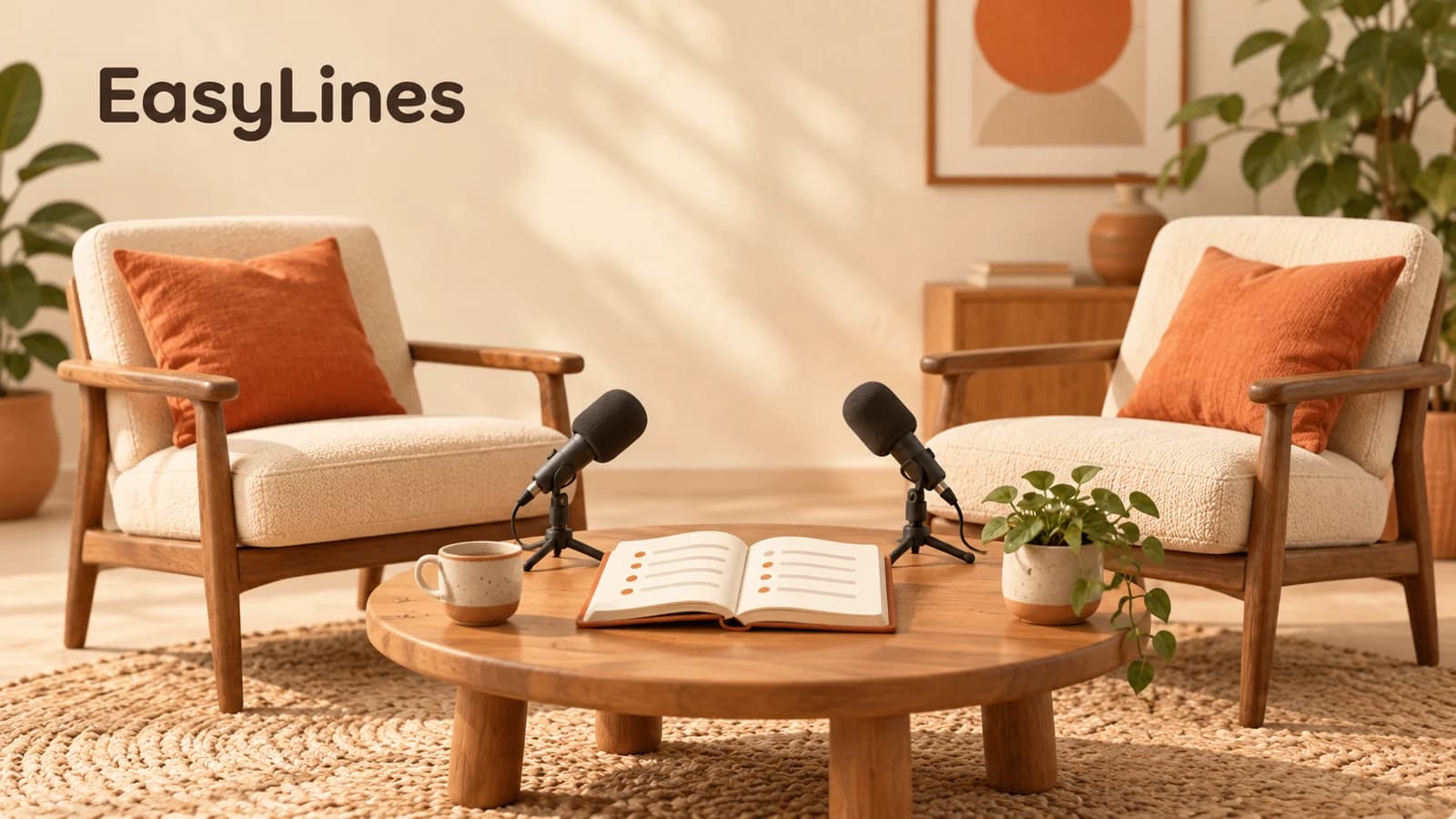 Two empty chairs angled toward two microphones and an open question notebook