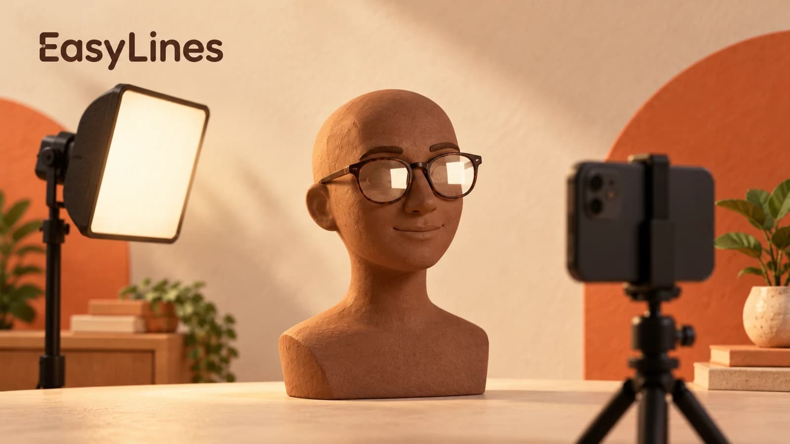 Glasses on a brown mannequin bust, with an offset soft light and a phone tripod