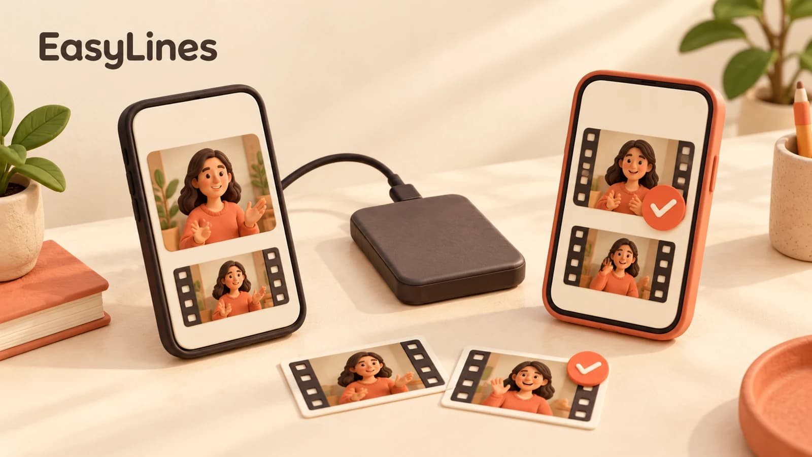 Two phones with video-frame illustrations beside an external storage drive and verification marks