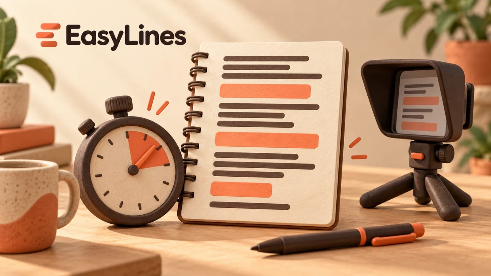 An analog timer beside a notebook with spoken-line groups and coral pause blocks