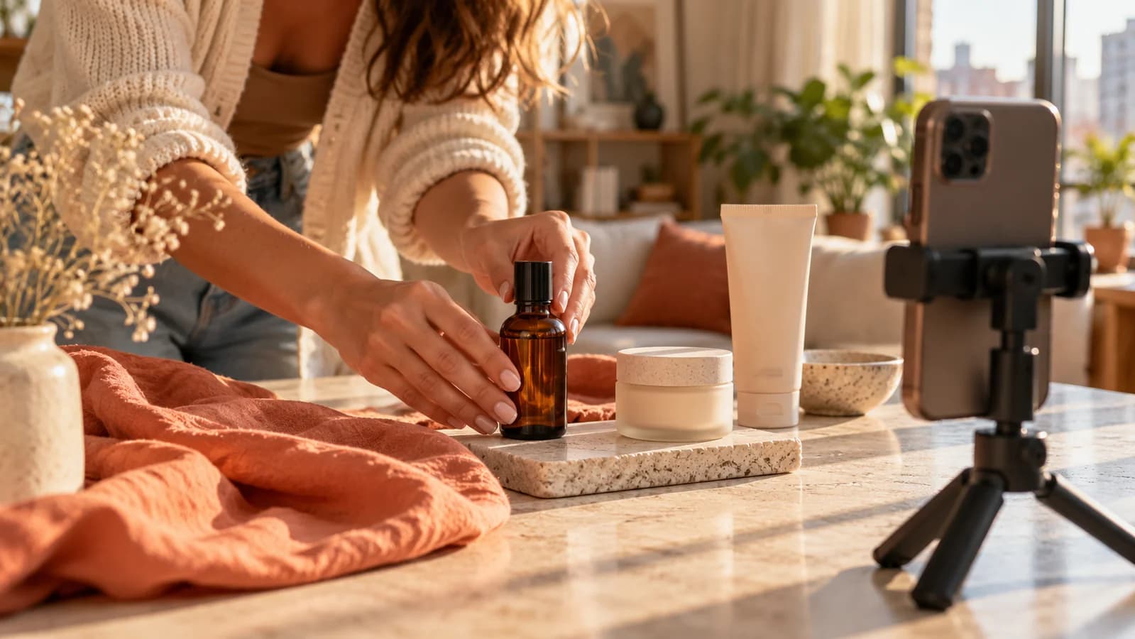 Hands arranging unbranded skincare products beside a phone on a tripod