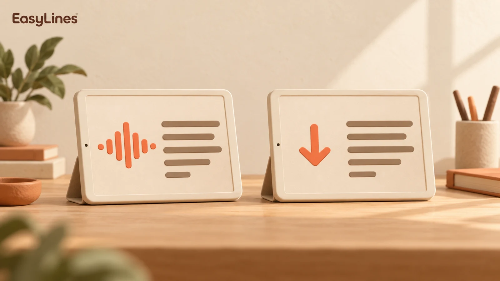 Two script displays comparing a speech waveform with an auto-scroll arrow