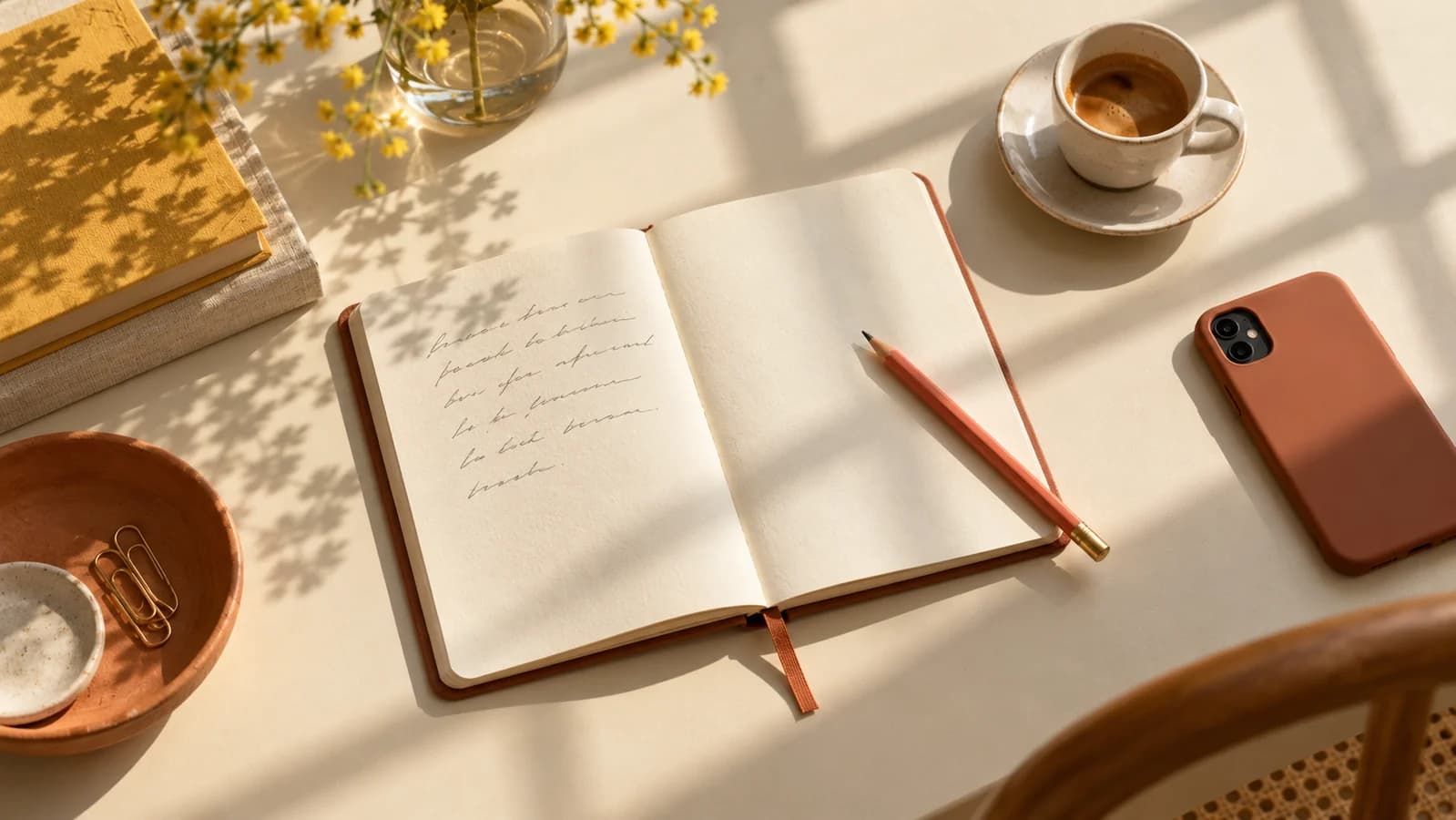 An open notebook, coral pencil, and phone on a warm sunlit desk