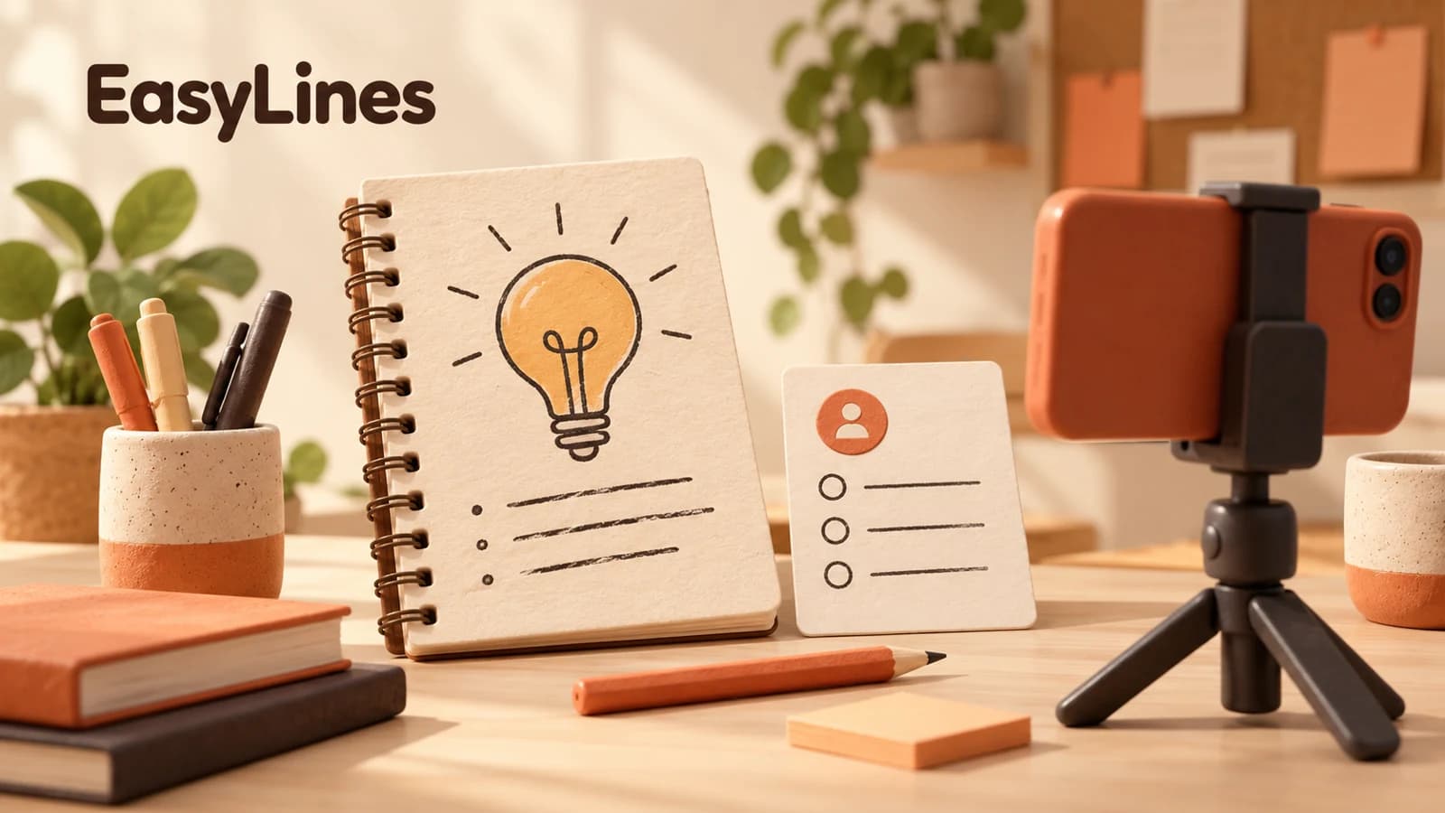 A lesson notebook with a lightbulb sketch, an exercise card, and a phone stand