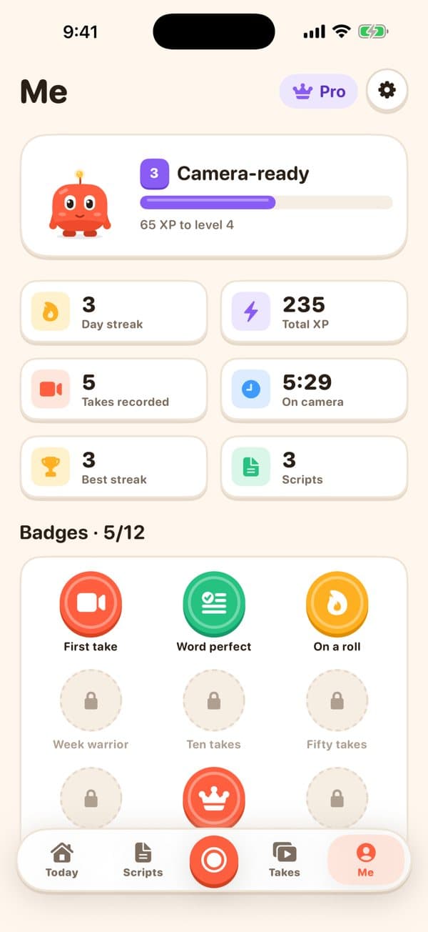Me: level 3, stats and badges