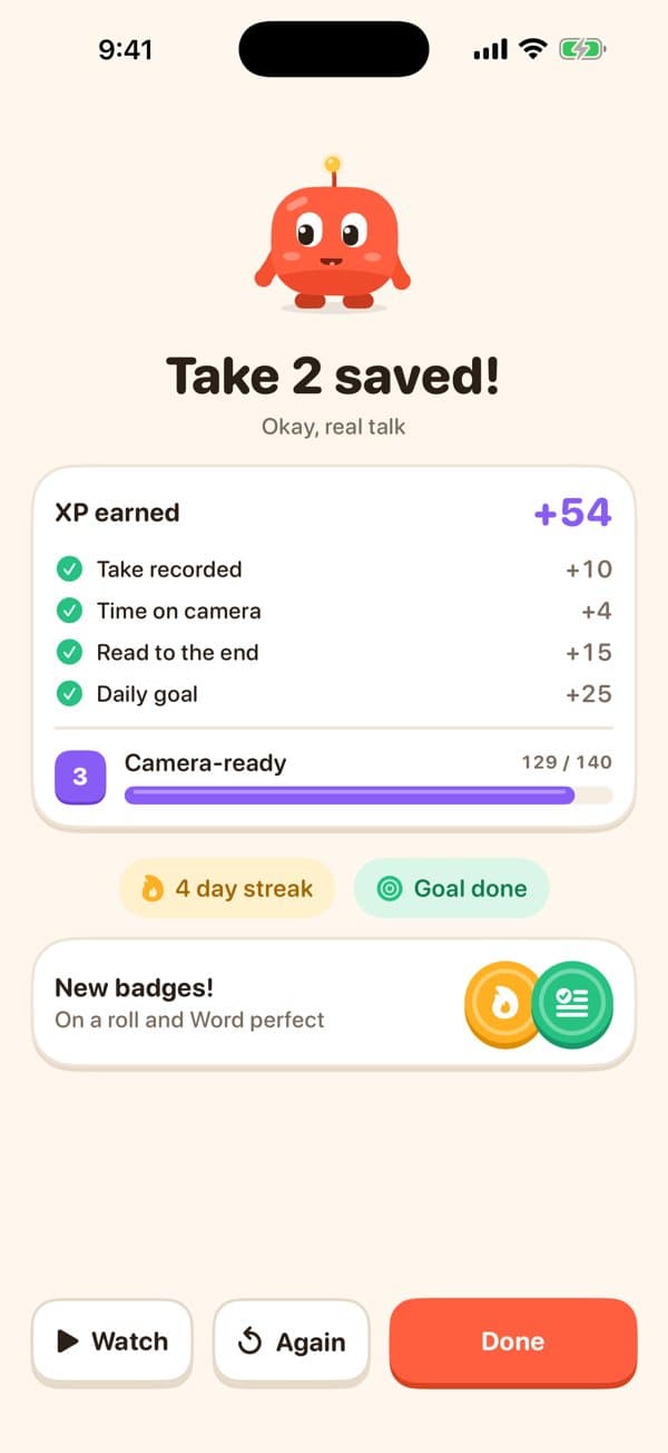 Take saved: plus 54 XP for the take, reading to the end and the daily goal
