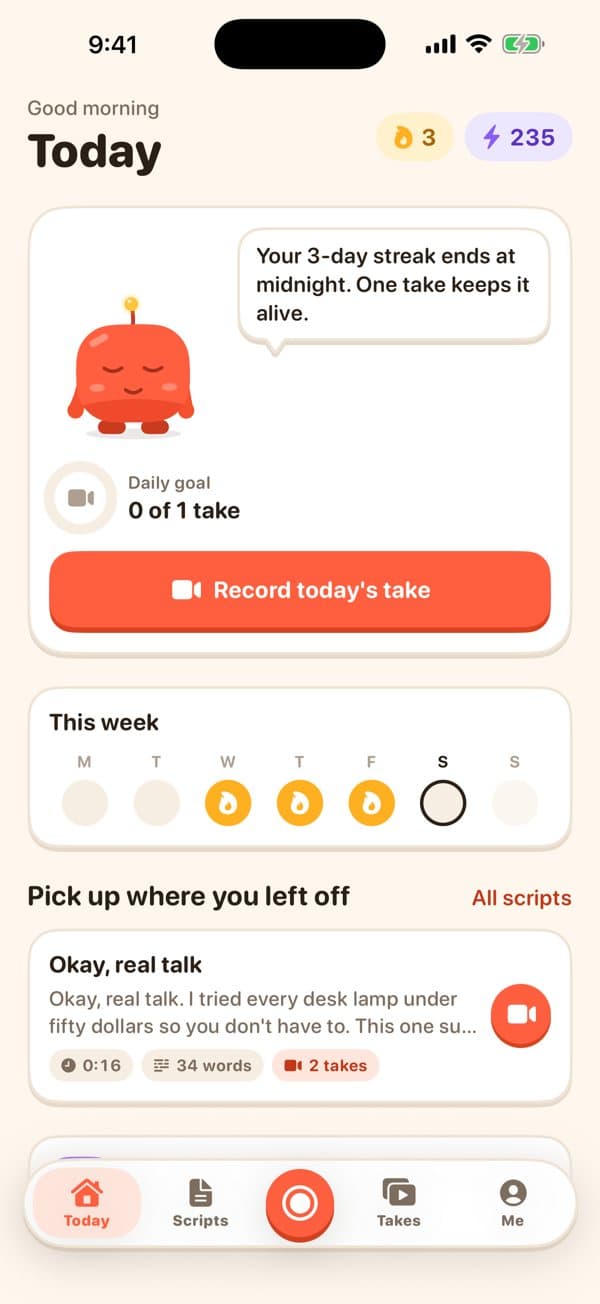 Today: a 3-day streak, the daily goal and a reminder from EasyLines